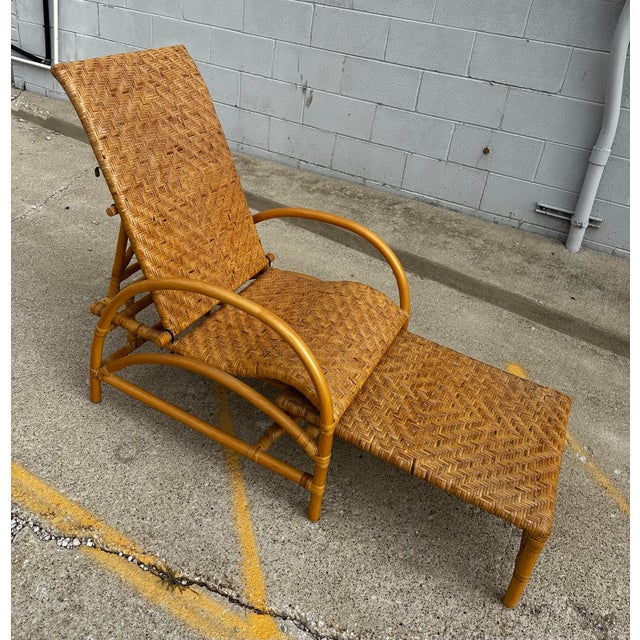 Vintage Reclining Rattan Bamboo Chaise Lounge With Footrest For Sale - Image 11 of 12