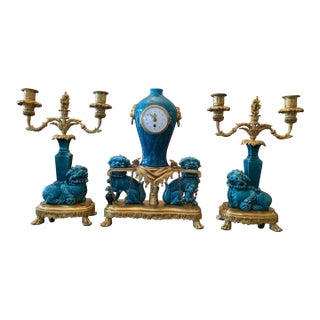 Antique Chinese Porcelain Bronze Clock Set For Sale