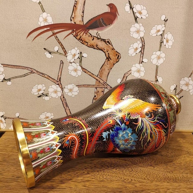 Vintage Chinese Cloisonné Meiping Vase | Black Ground Phoenix & Peony Motif With Stand For Sale - Image 9 of 9