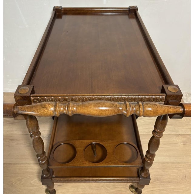 Mid-Century Modern Spanish Wooden Bar Cart with Turned Legs and Bottle Holder, 1940 For Sale - Image 9 of 14