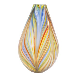 Vintage Modern Large Round Teardrop Multicolored Swirl Blown Glass Vase For Sale