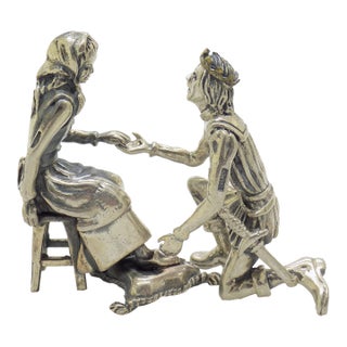 Vintage Italian Handmade Genuine Silver Cinderella and Prince Figurines Arezzo Tuscany 800 Continental Silver Rare Pair Fairy Tale Decor For Sale