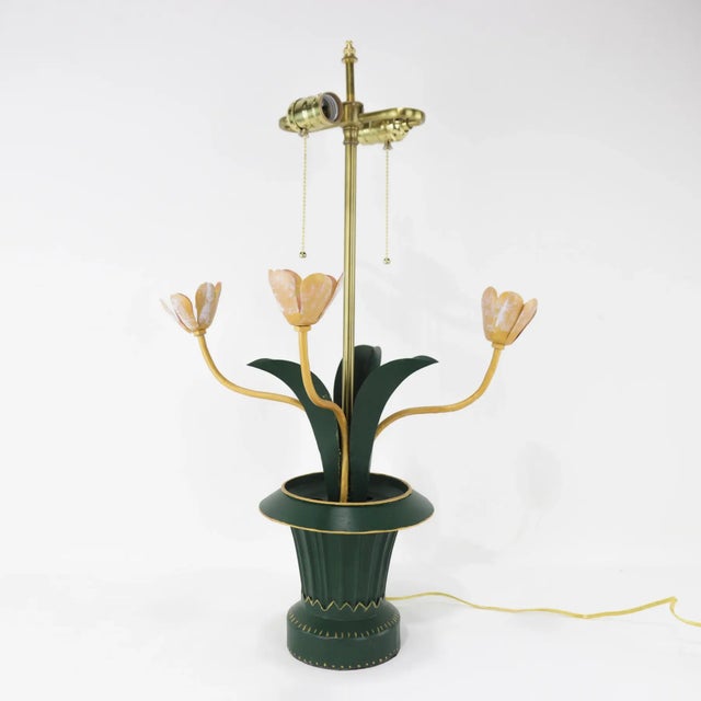 Vintage Brunschwig & Fils Toleware Flower Table Lamp, Yellow and Pink Tulip Design For Sale - Image 9 of 9