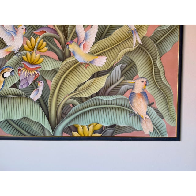 Oversize- Vintage Balinese Tropical Birds & Banana Leaf Acrylic Painting on Canvas For Sale In Miami - Image 6 of 14