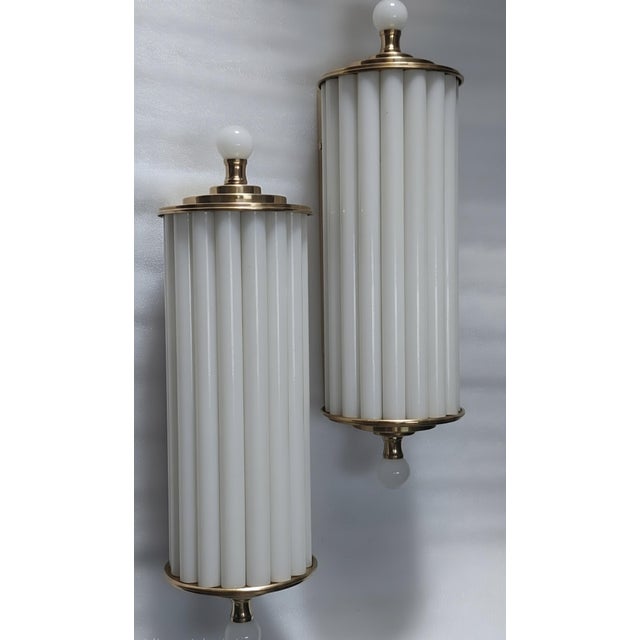 Art Deco Vintage Art Deco Light Old Lamp Wall Sconces Fixture Brass & Milk Glass Rod Ship Light - Pair For Sale - Image 3 of 5