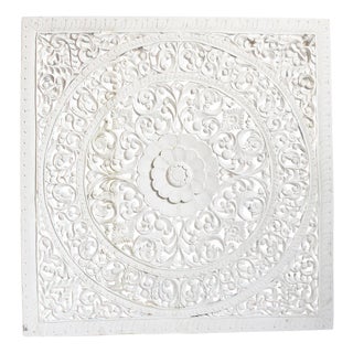 Vintage White Square Teak Indian Boho Carved Panel / Headboard For Sale