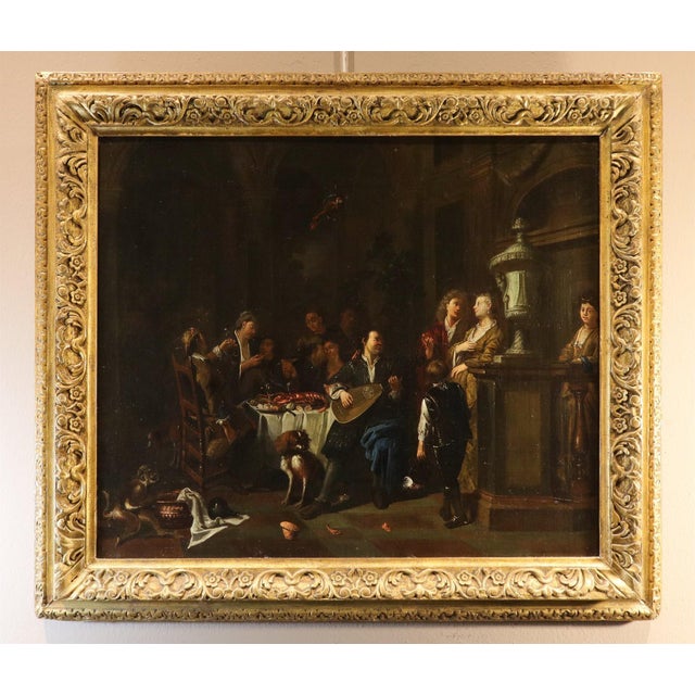 Rococo Pieter Angillis, Banquet and Brawl, 1720, Oil on Canvases, Framed, Set of 2 For Sale - Image 3 of 15