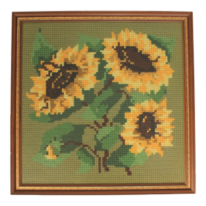 Vintage Framed Sunflower Needlepoint Art Wall Hanging
