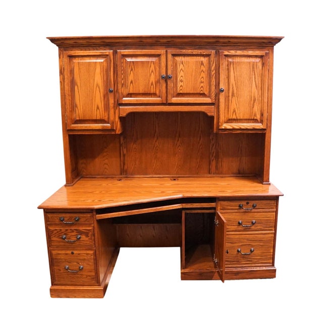 Winners Only Solid Oak Rustic Early American Country Style 74" Computer Desk W. Cabinet Storage Top For Sale - Image 9 of 18