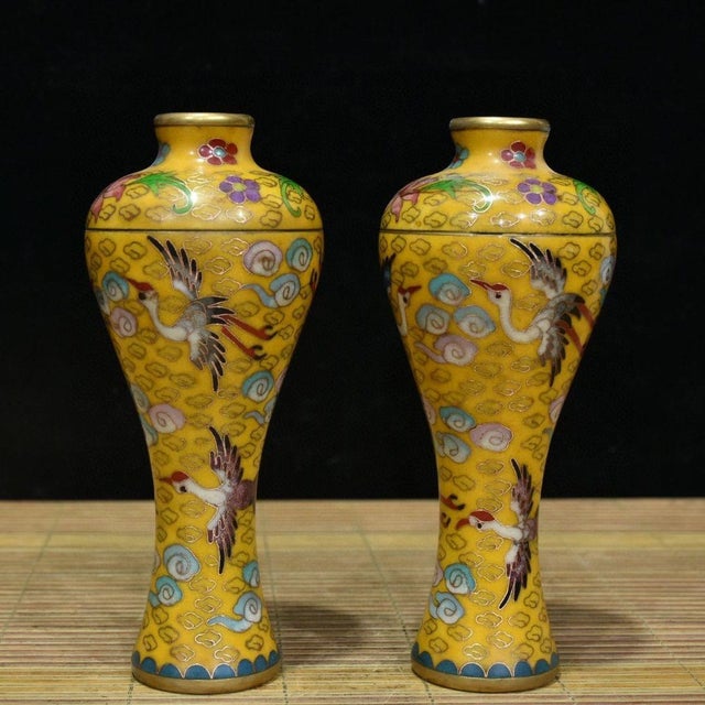 Yellow Chinese Cloisonné Vase Pair With Original Silk Box / Crane & Cloud Motif For Sale - Image 8 of 9