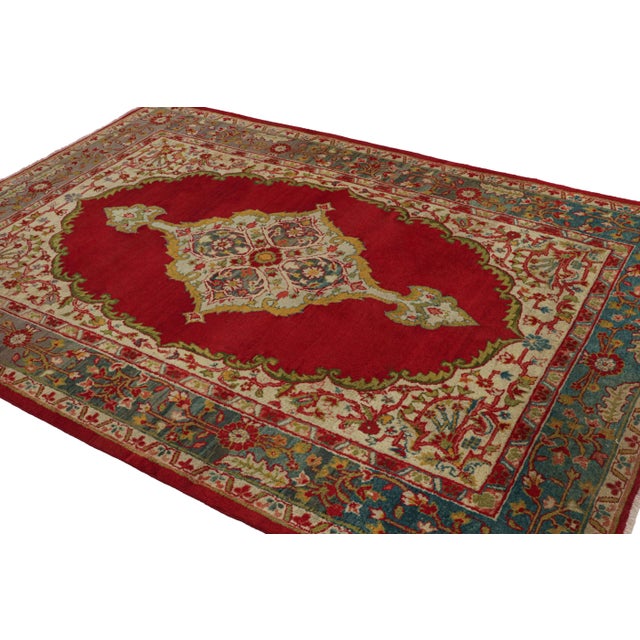 Rug & Kilim Antique Amritsar Rug in Red Open Field With Floral Medallion, From Rug & Kilim For Sale - Image 4 of 7