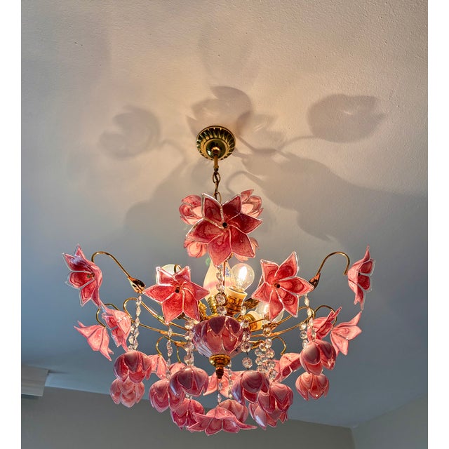 Vintage Murano Style Large Chandelier, Pink Floral Chandelier, Bouquet Style Ceiling Light, 4-Light Flush Mount For Sale - Image 14 of 16