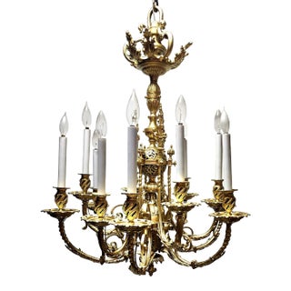 Large 1890s French Gilt Bronze 12 Arm With Pierced Candle Holders Chandelier For Sale