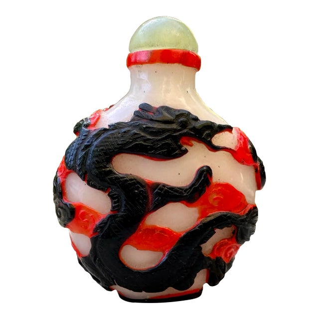 Antique Peking Glass Black Red Double Overlay Dragon Snuff Bottle For Sale