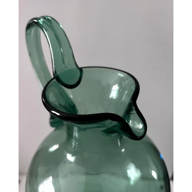 Empoli Rare 15" 1930s Empoli Verde Italian Hand-Blown Glass Pedestal Ewer Pitcher For Sale - Image 4 of 12