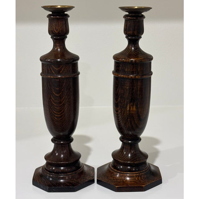 Antique English Oak Turned Candlesticks With Brass Candle Cups - A Pair For Sale In Little Rock - Image 6 of 13