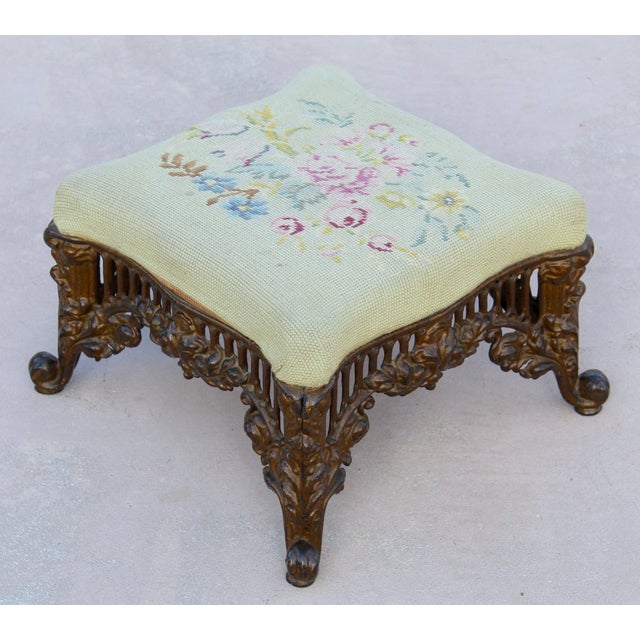 Vintage 1940s Rococo Revival Gilt Cast Iron Footstool With Floral Needlepoint Cushion For Sale - Image 10 of 13