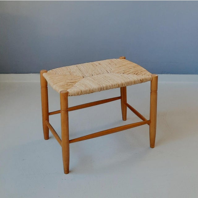 Rectangular Wooden Stool with Rush Seat, 1970s For Sale - Image 4 of 4
