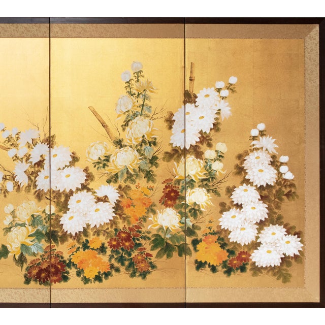 "Autumn Flowers" by Kazuko Chiyo Sasaki, C. 1960s Painted Silk Byobu Screen For Sale - Image 4 of 17