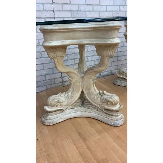 Glass Vintage Neoclassical Faux-Stone Dolphin Pedestal Table With Glass Top For Sale - Image 7 of 11
