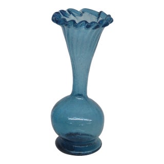 Small Aqua Blue Vase Mexican Hand Blown Art Glass With Fluted Ruffle Rim 4742b For Sale
