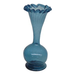 Small Aqua Blue Vase Mexican Hand Blown Art Glass With Fluted Ruffle Rim 4742b