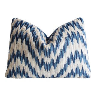 Designer Blue Flamestitch Velvet Feather/Down Pillow 22" X 16" For Sale