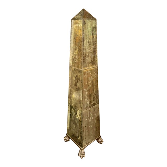 Large Vintage Italian Venetian Etched Glass Obelisk For Sale
