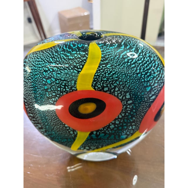 Turquoise Allain Guillot French Studio Art Glass Vase, Turquoise Foil With Red Murrine and Yellow Bands, Signed m.06-50 For Sale - Image 8 of 11