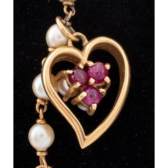 14k Yellow Gold Pearl Bracelet With Heart Charm For Sale - Image 4 of 6