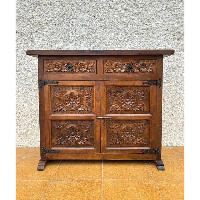 Spanish Rustic Castilian Carved Wood Cabinet, 1930s For Sale - Image 10 of 18