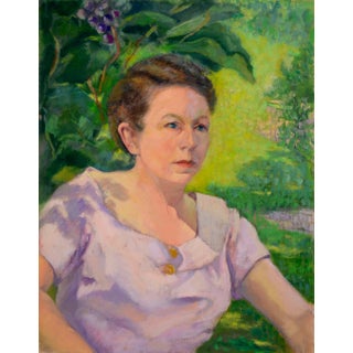 1960s Portrait Painting of a Woman Wearing Lavender in a Garden by Sol Jasner For Sale