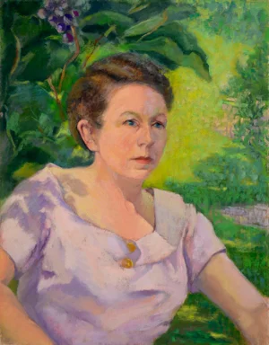 1960s Portrait Painting of a Woman Wearing Lavender in a Garden by Sol Jasner