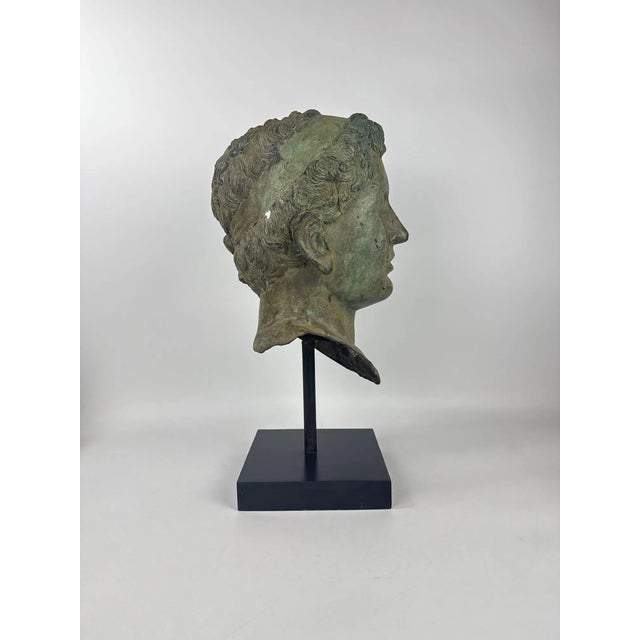 Late 20th Century Large Classical Hollow Cast Bronze Male Head Sculpture on Custom Museum Stand For Sale - Image 5 of 10