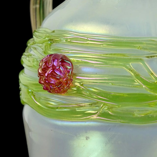 Eggshell Antique Loetz Kralik Style Mother of Pearl Iridescent Double Handle Threaded Decoration Flower Vase For Sale - Image 8 of 10