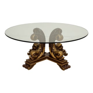 1980s Italian Neoclassical Style Gilt Scroll Base Round Glass Coffee Table Hollywood Regency For Sale