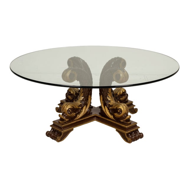 1980s Italian Neoclassical Style Gilt Scroll Base Round Glass Coffee Table Hollywood Regency For Sale