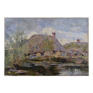 Impressionist Artist, Thatched Cottage by Stream, 1890s-1910s, Oil on Canvas For Sale