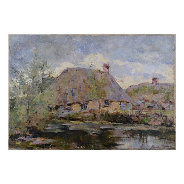Impressionist Artist, Thatched Cottage by Stream, 1890s-1910s, Oil on Canvas For Sale