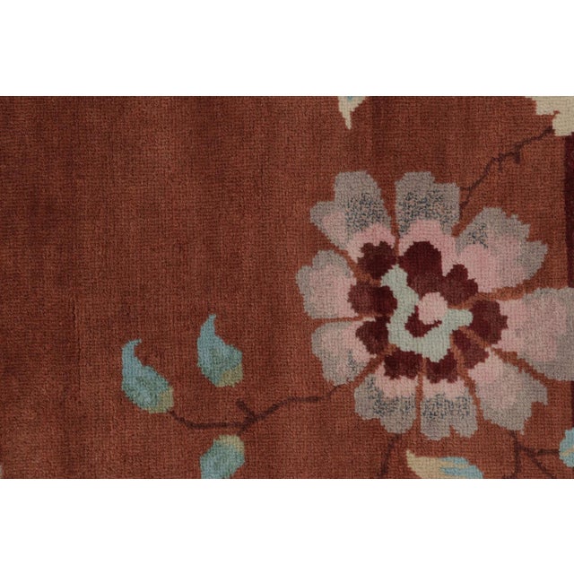Rug & Kilim’s Chinese Art Deco Inspired Square Rug, Vibrant Florals on Rust For Sale In New York - Image 6 of 7