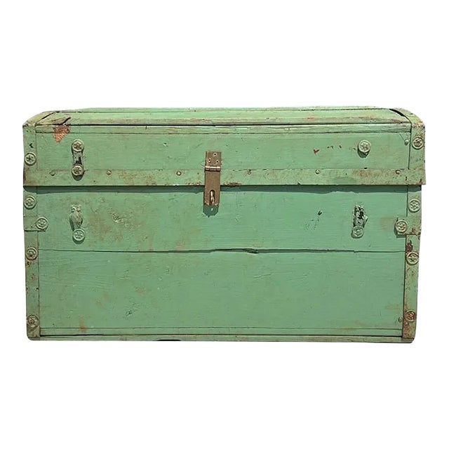Antique American Green Painted Wood Steamer Trunk or Blanket Chest, 19th Century For Sale