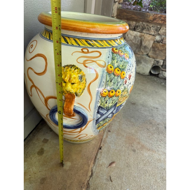 Large 21” Hand-Painted Majolica-Style Floor Urn With Lion Head Ring Handles For Sale - Image 12 of 14