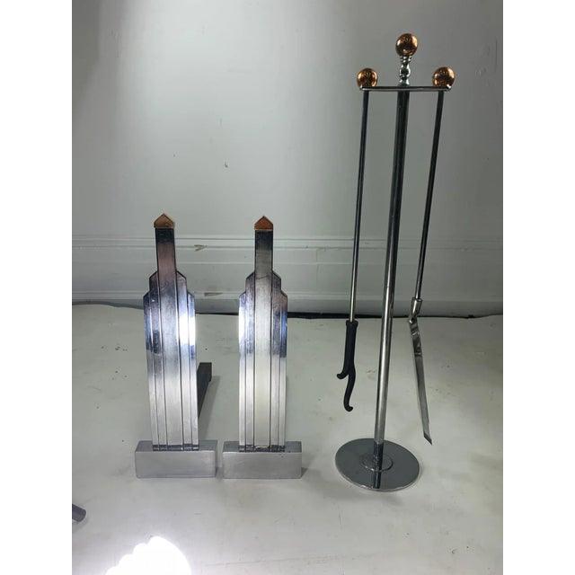 Metal 1930s Jules Bouy Art Deco Chrome and Copper Andirons and Firetools by Jules Bouy For Sale - Image 7 of 9