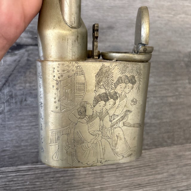 Metal Antique Early-20th-Century Chinese Brass Water Pipe | 13.5″ Engraved Women & Script | Tobacco/Opium Style For Sale - Image 7 of 12