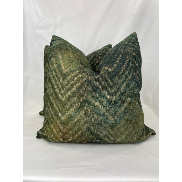 2020s Chevron Embossed Velvet in Green 22" Pillows-A Pair For Sale - Image 5 of 5