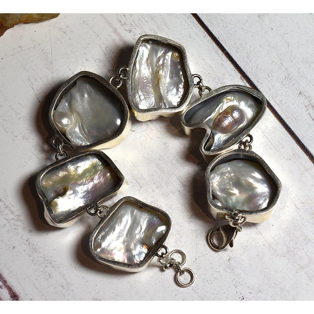 White Freshwater Baroque or Keshi Pearl Sterling Silver Link Bracelet For Sale - Image 10 of 18