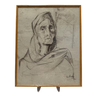 William Oberman Signed Charcoal Portrait Drawing Framed 1953 For Sale