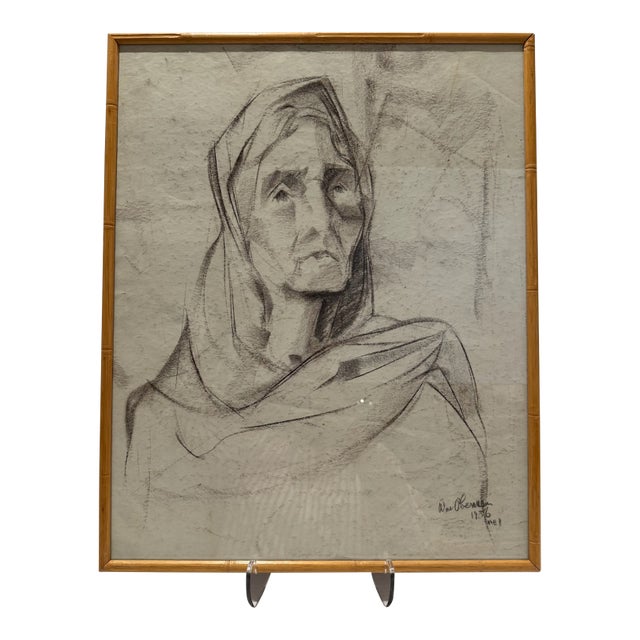 William Oberman Signed Charcoal Portrait Drawing Framed 1953 For Sale