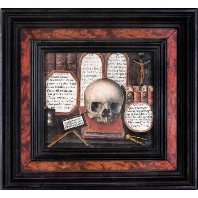 Skull with Sacred Writings and Tablets of the Law - Tempera on Cardboard 18th Century For Sale - Image 4 of 4
