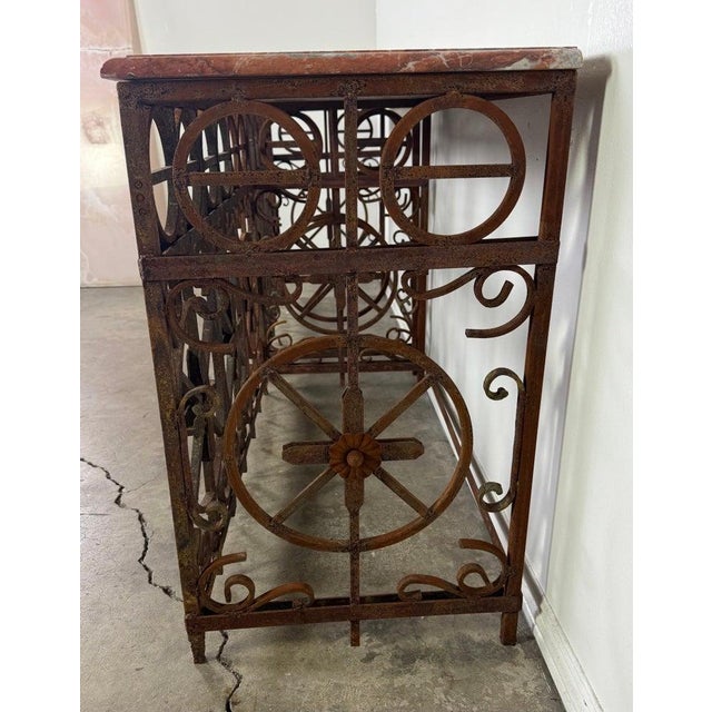 Pair of Italian Wrought Iron Consoles With Rosso Verona Marble Tops For Sale - Image 4 of 18